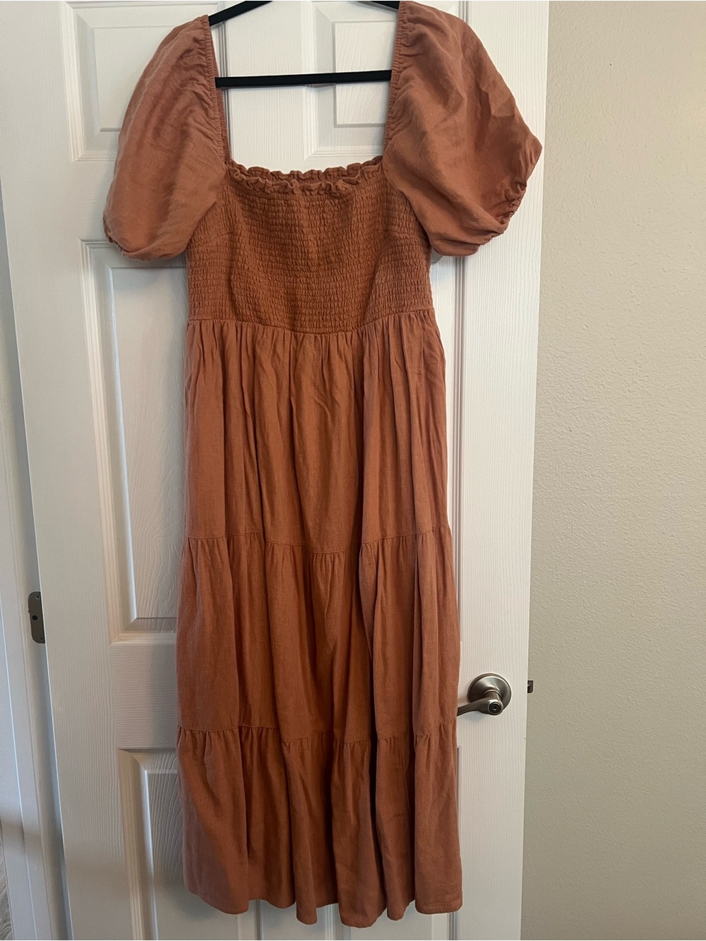 Abercrombie & Fitch Rust Puff-Sleeve Tiered Midi Dress